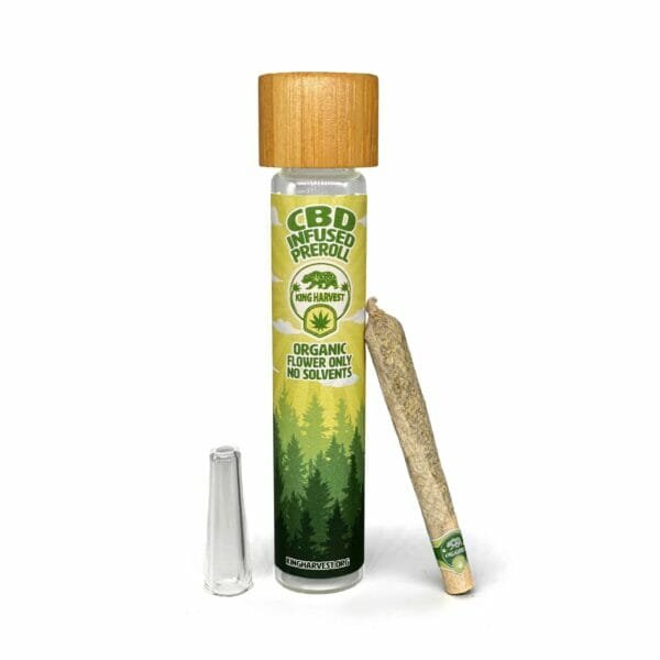 Organic flower preroll infused with CBD filled in a container